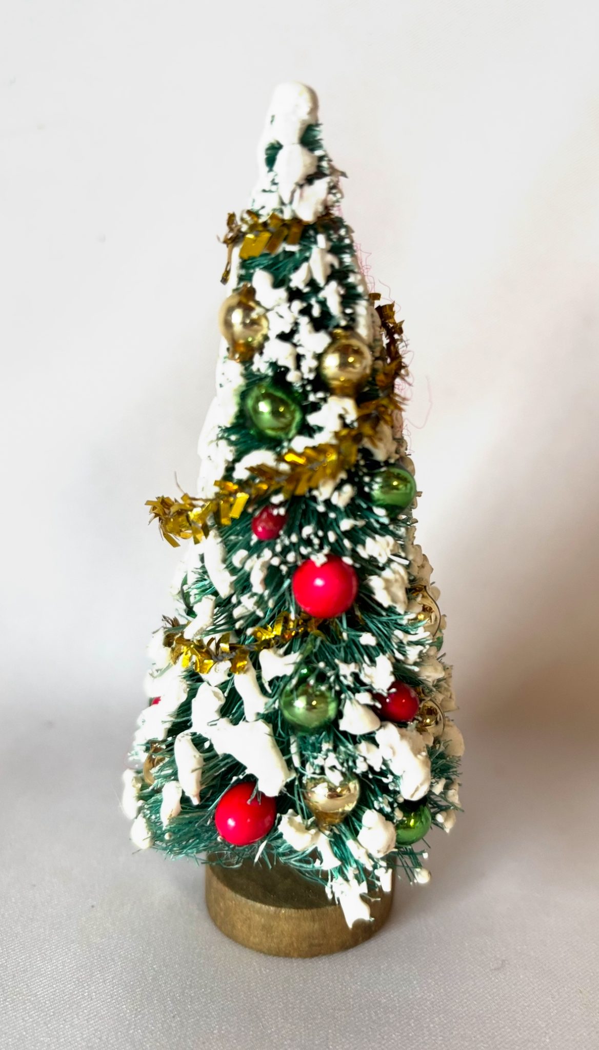Vintage Bottle Brush Decorated Tree Flocked with Glass Ornaments Berries Putz Tree - Image 2