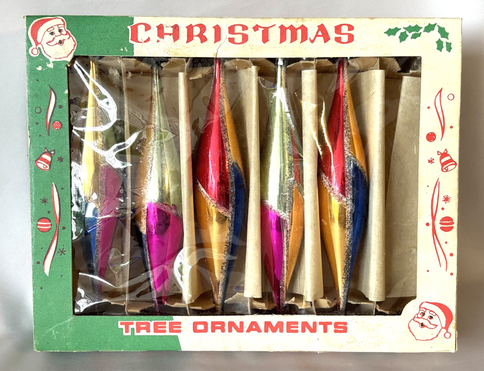 Vintage Icicle Christmas Ornaments in Box, Multi Color Stripe Glitter Teardrop Ornaments 1950s - Image 3