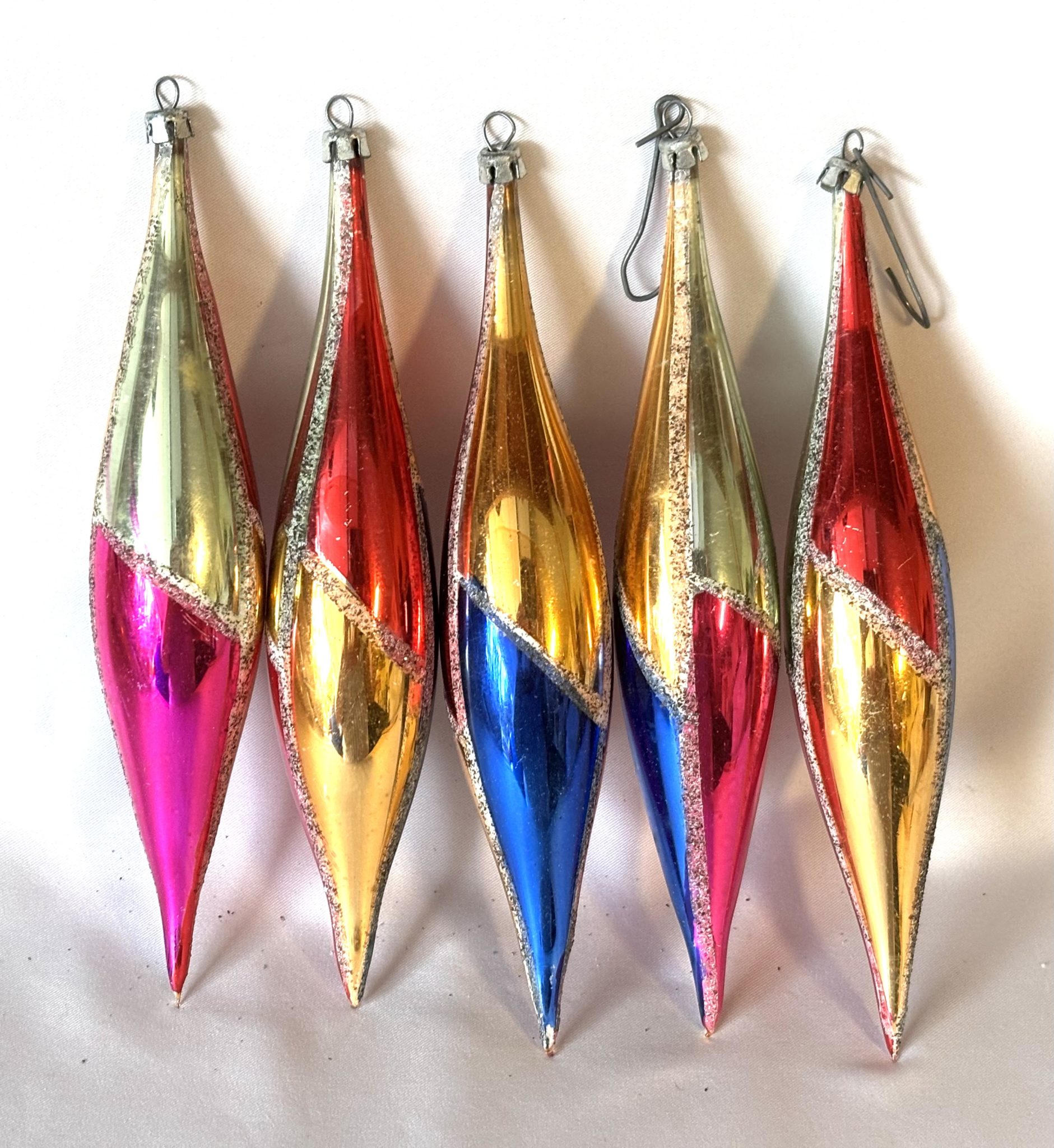 Vintage Icicle Christmas Ornaments in Box, Multi Color Stripe Glitter Teardrop Ornaments 1950s