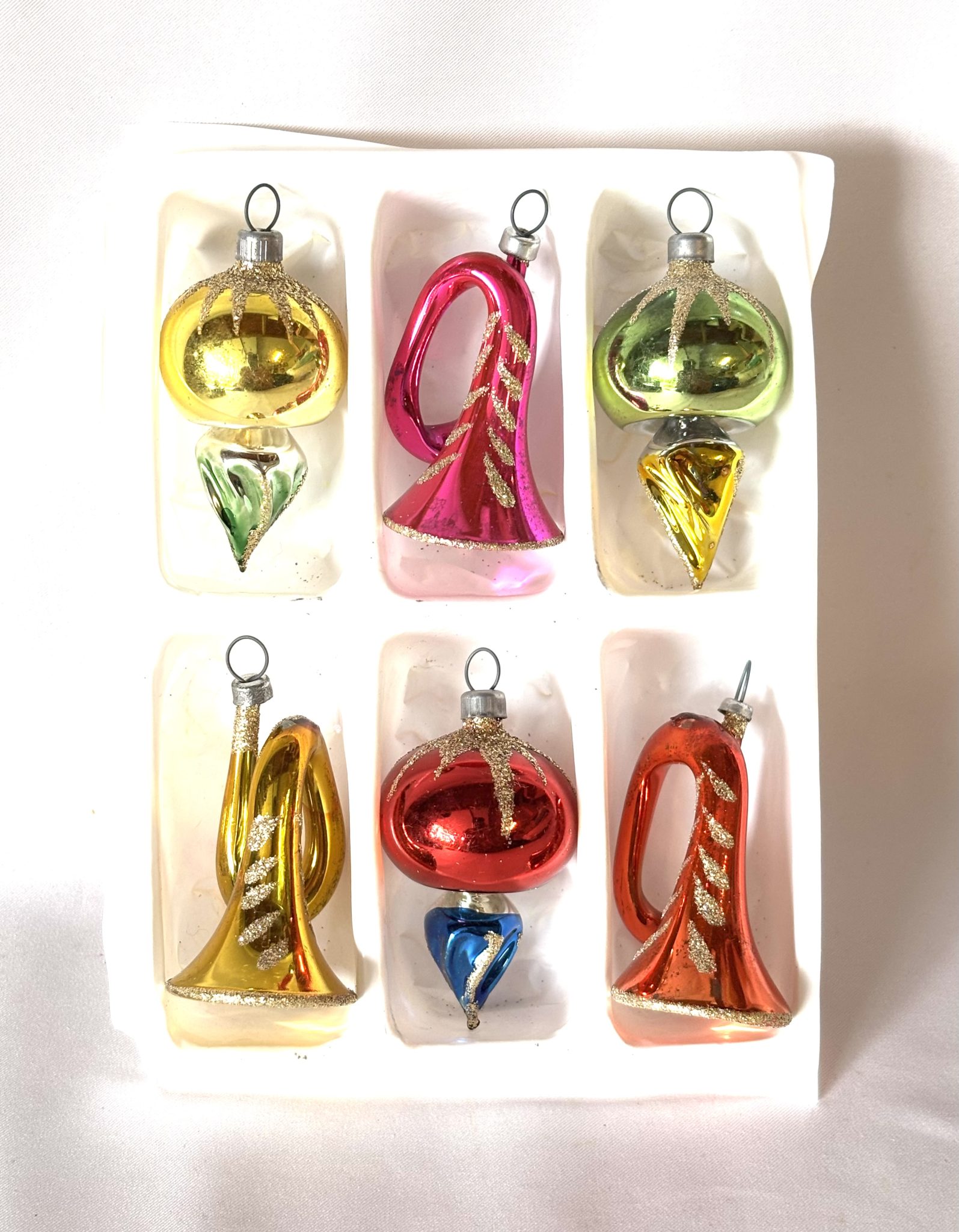 Vintage Mercury Glass Christmas Ornaments Original Box Six Multi Color Horns and Teardrops - Image 2
