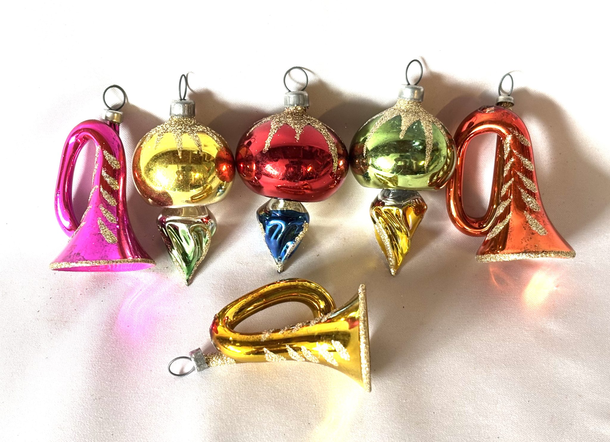 Vintage Mercury Glass Christmas Ornaments Original Box Six Multi Color Horns and Teardrops