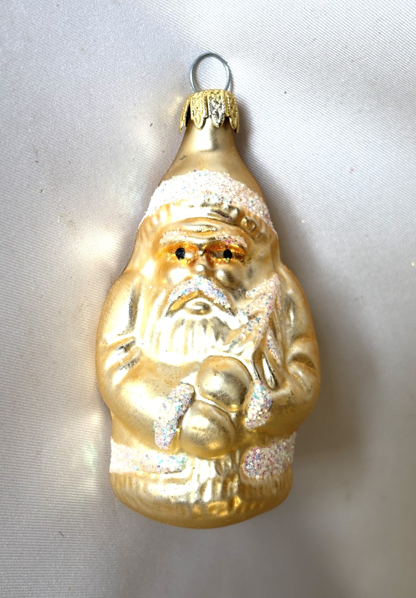 Vintage Gold Santa Holding Tree, Figural Glass Glitter Mica Ornament Mid Century