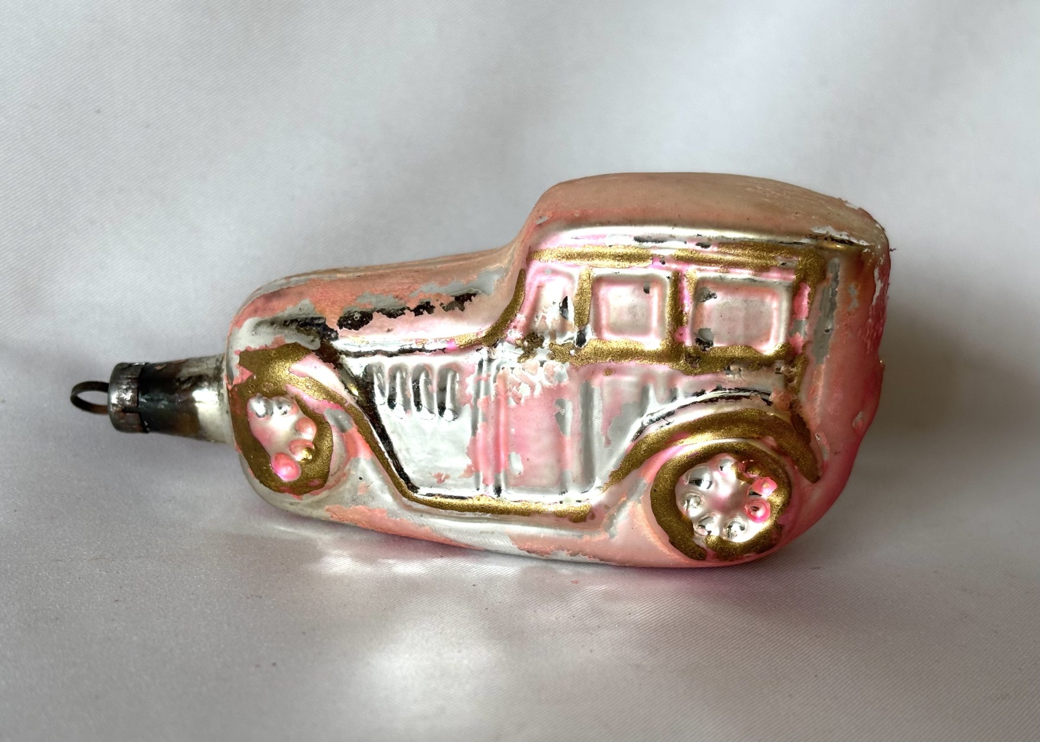 1900s German Glass Christmas Ornament Touring Car, Large Antique Figural Glass Auto Ornament