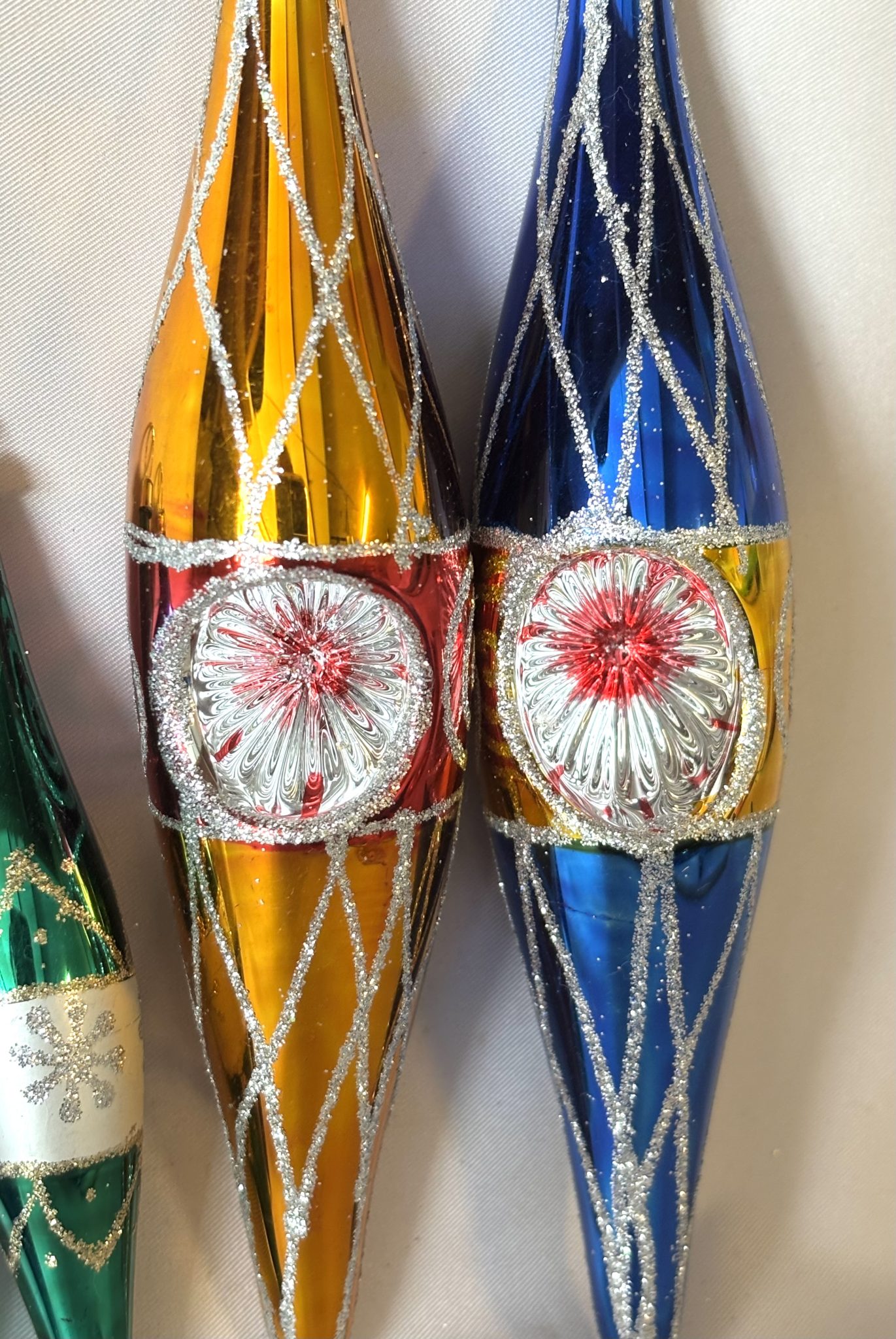 Glass Icicle Christmas Ornaments Lot, 4 Vintage Glitter Teardrop Ornaments Two Indents - Image 2