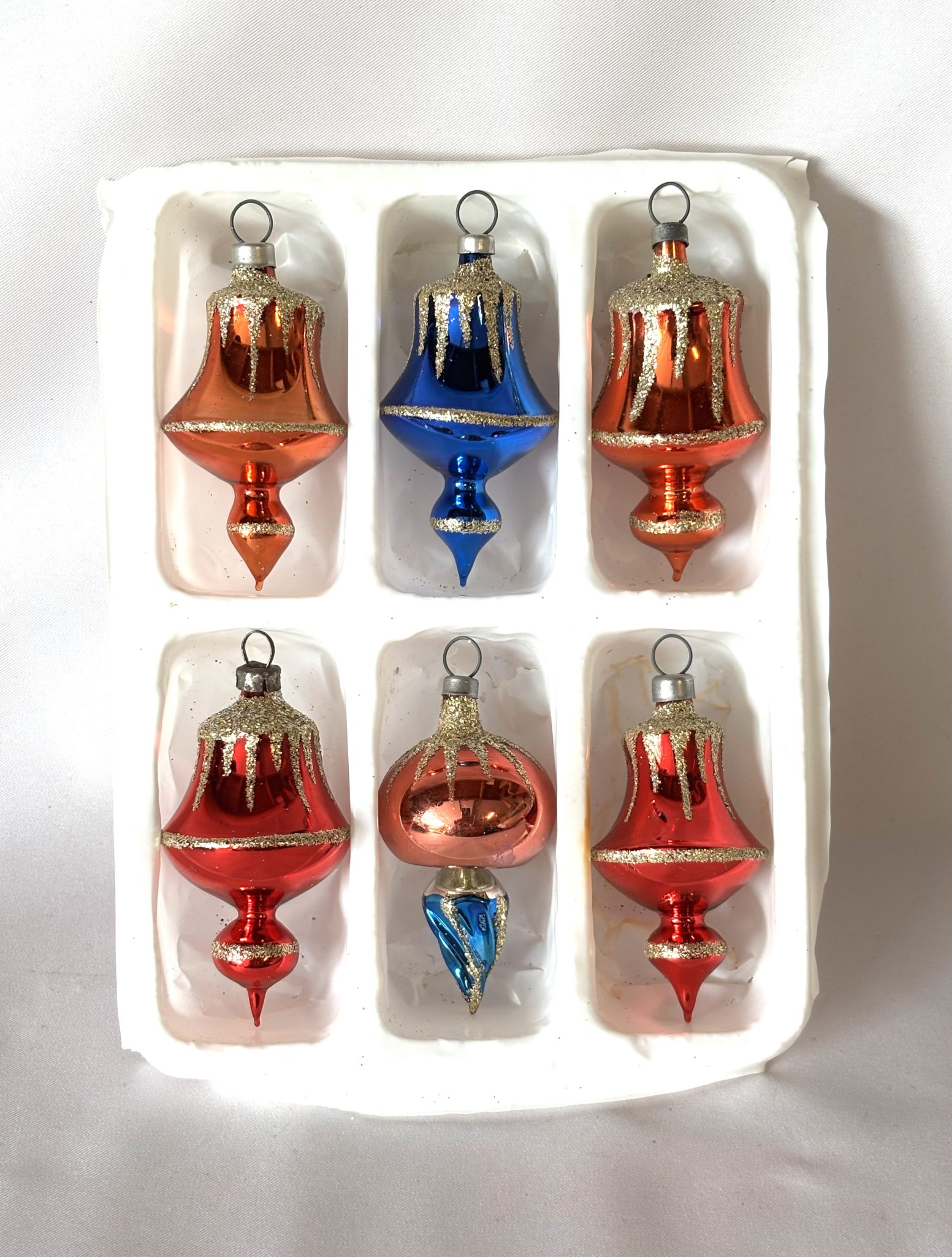 Vintage Multi Color Glass Christmas Ornaments Original Box Six Fluted Teardrops - Image 2