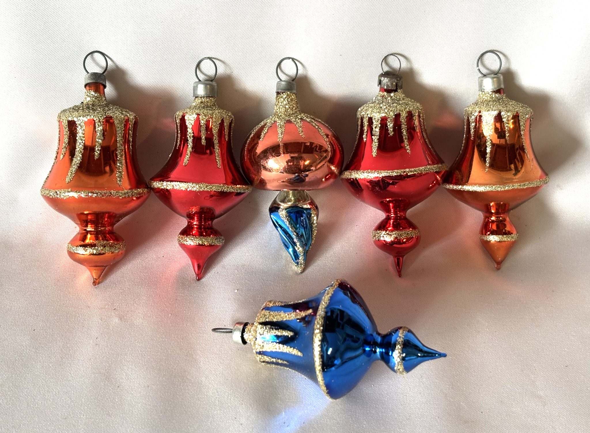 Vintage Multi Color Glass Christmas Ornaments Original Box Six Fluted Teardrops