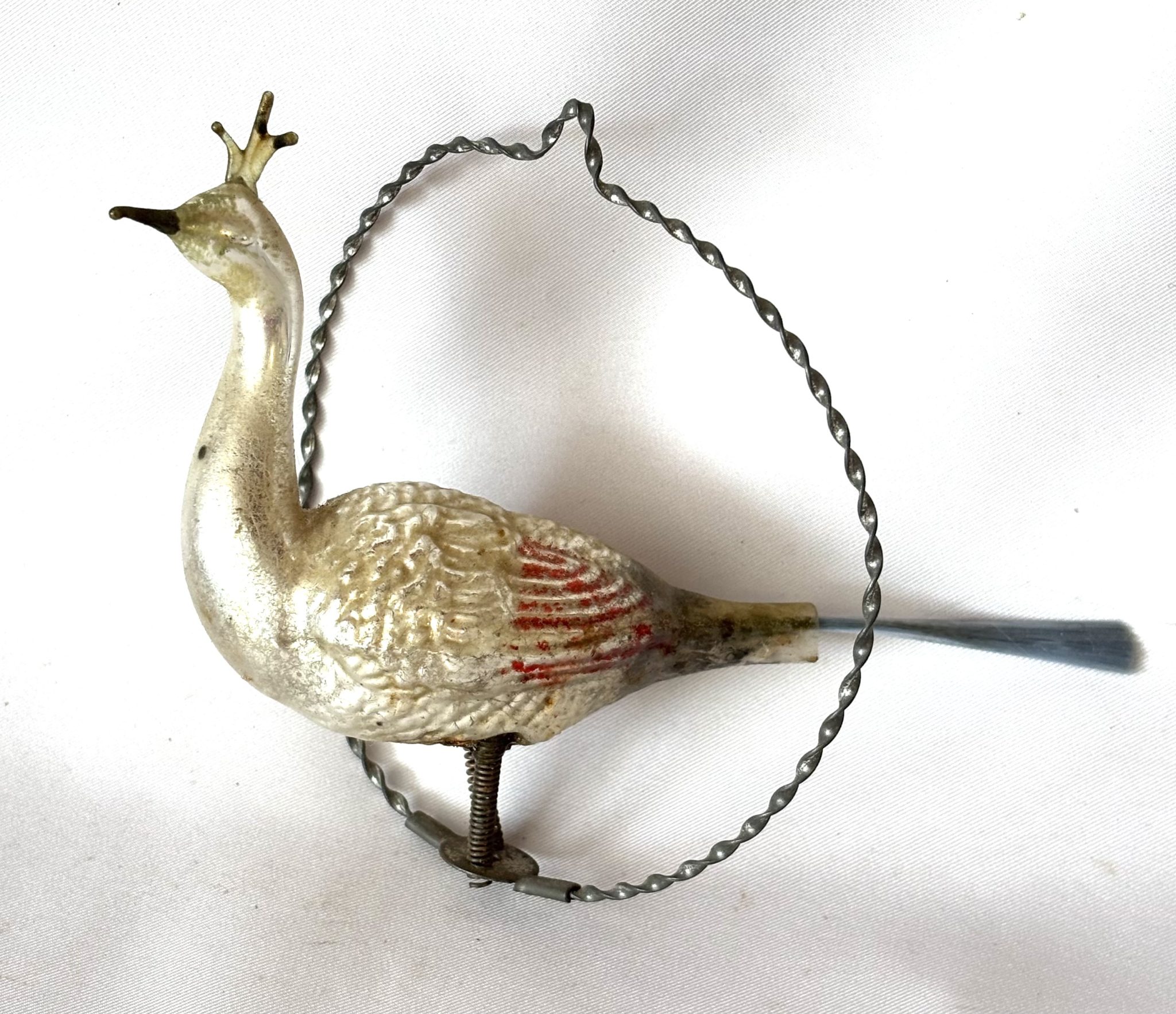 1900s German Glass Peacock in a Ring Ornament Bird Metal Ring Christmas Ornament - Image 6