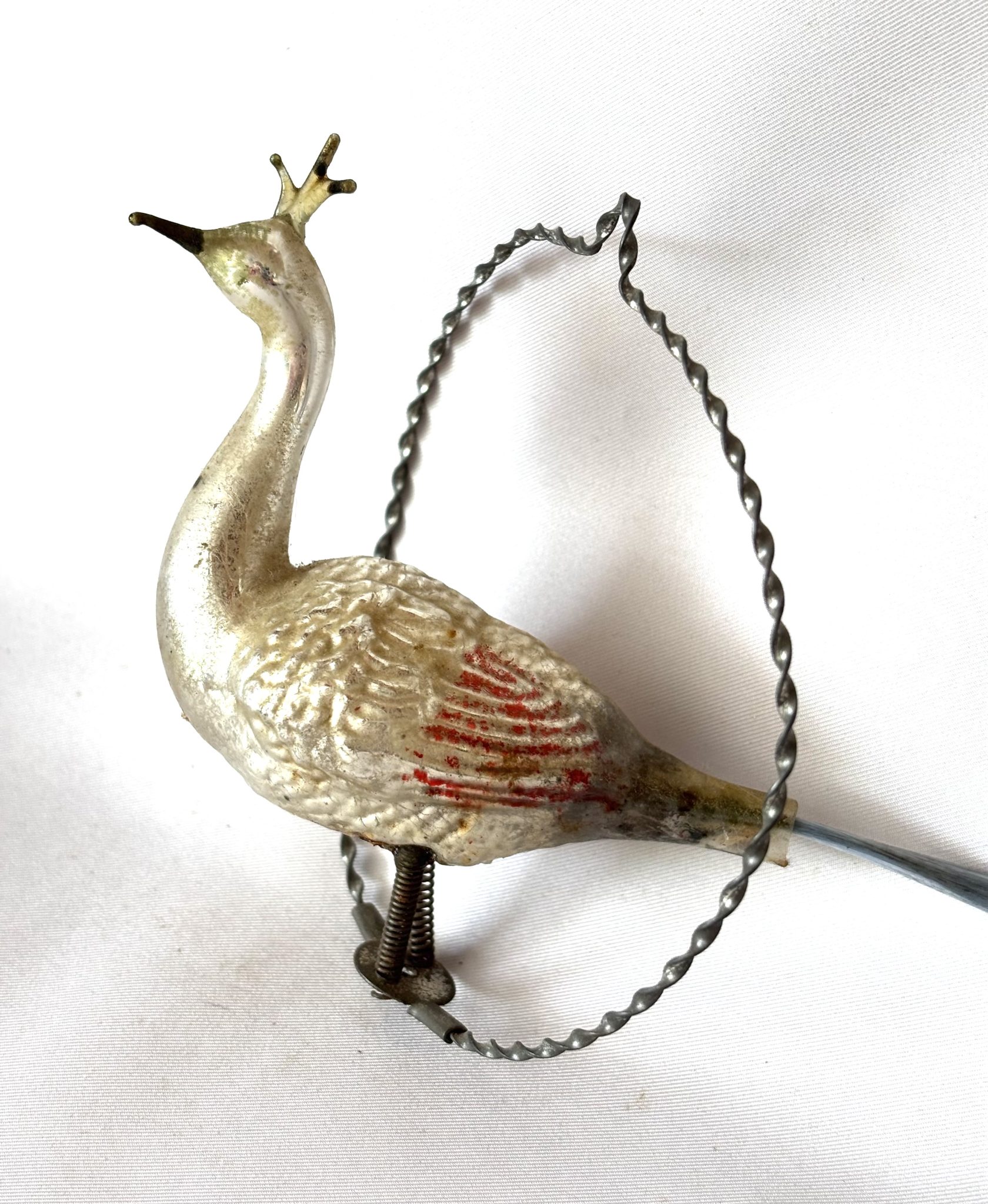 1900s German Glass Peacock in a Ring Ornament Bird Metal Ring Christmas Ornament