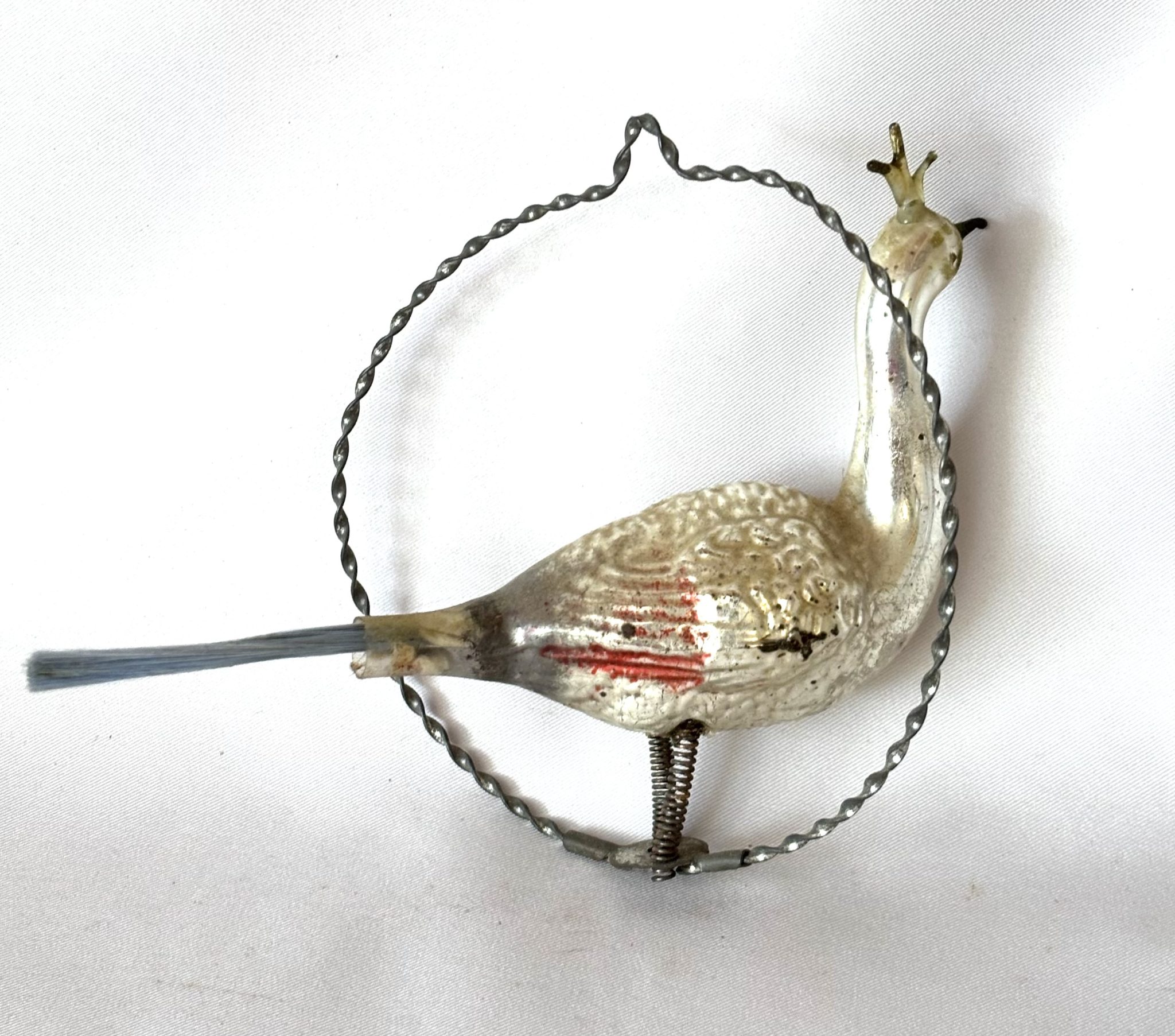 1900s German Glass Peacock in a Ring Ornament Bird Metal Ring Christmas Ornament - Image 5