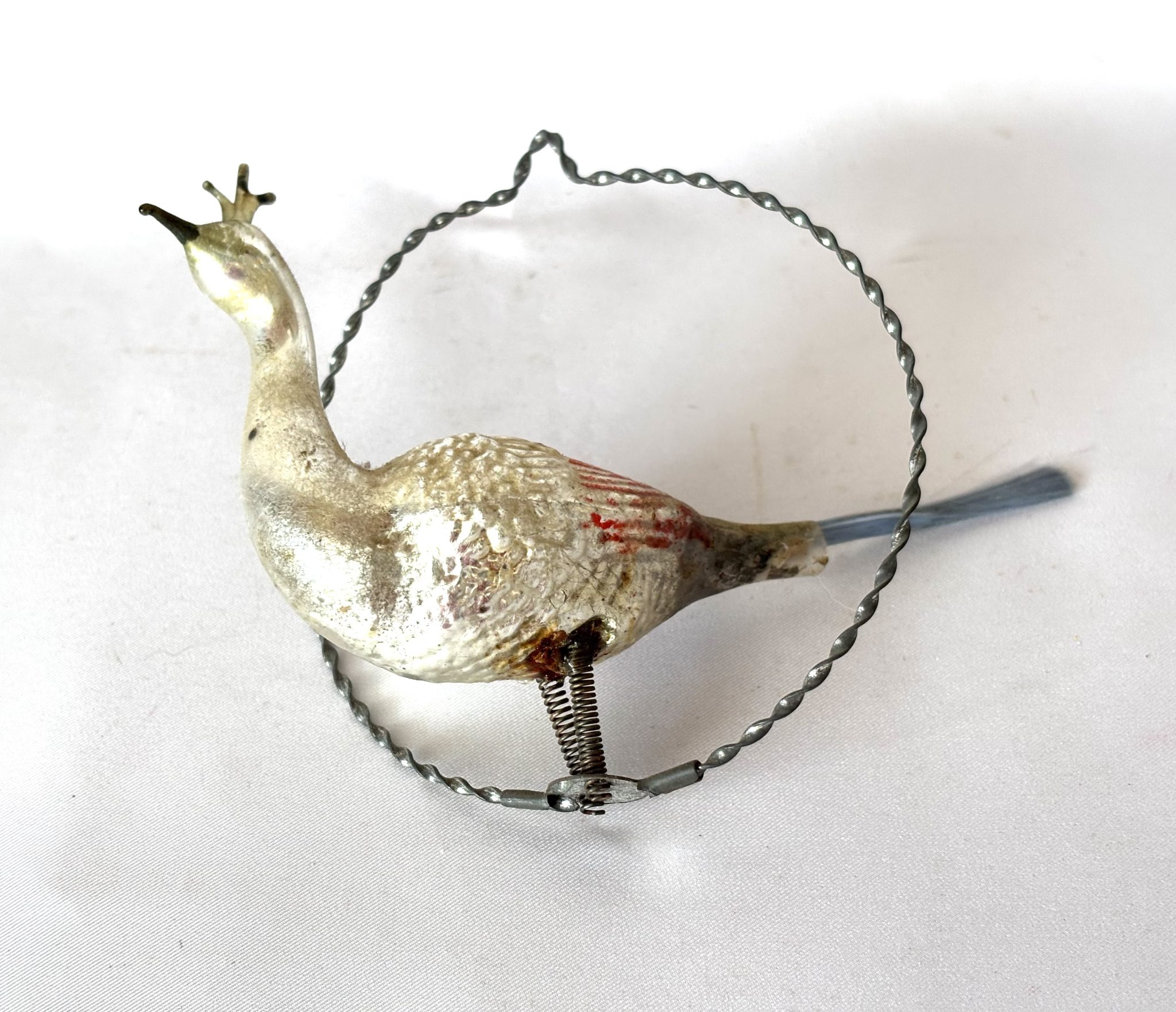 1900s German Glass Peacock in a Ring Ornament Bird Metal Ring Christmas Ornament - Image 3