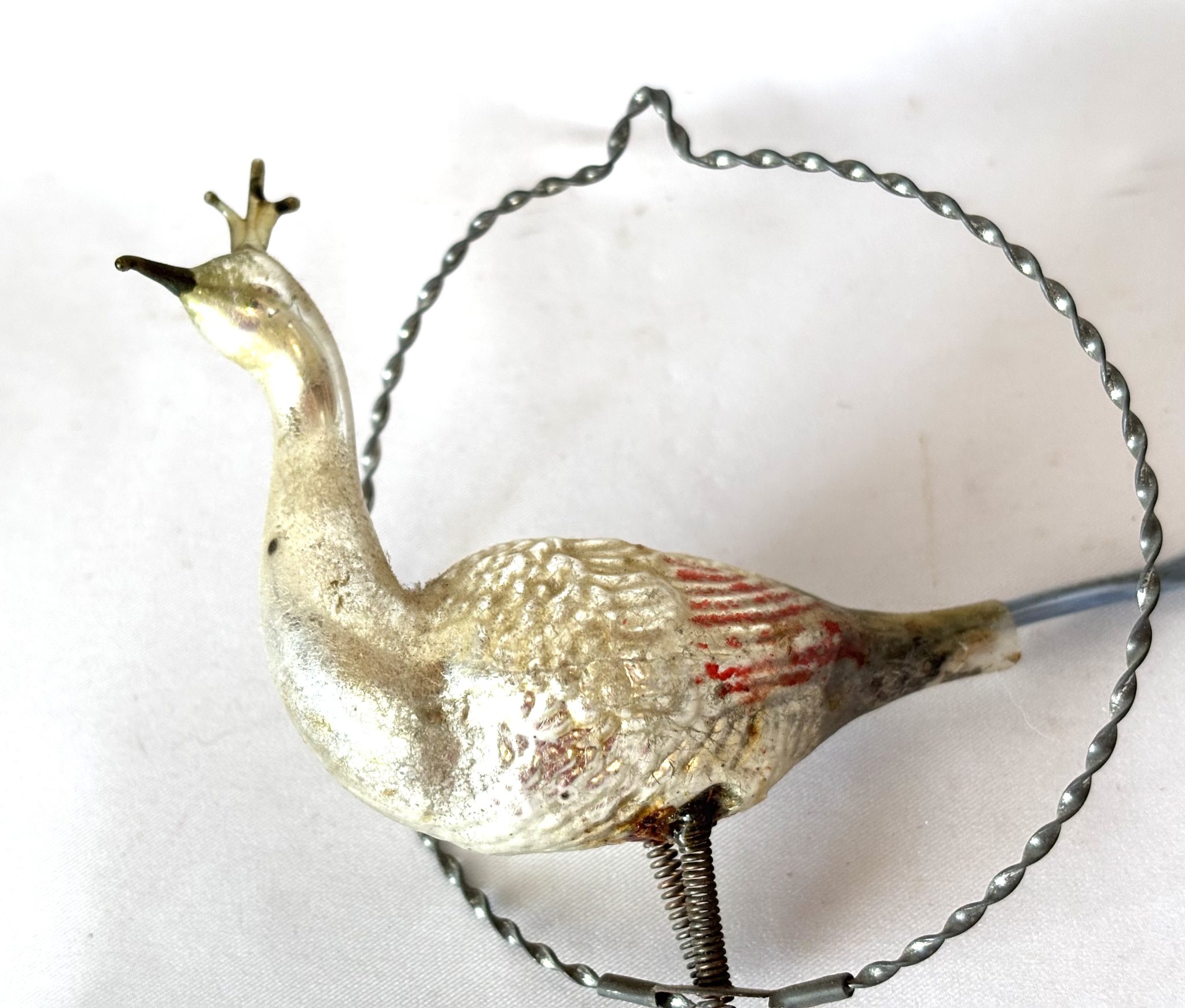 1900s German Glass Peacock in a Ring Ornament Bird Metal Ring Christmas Ornament - Image 2