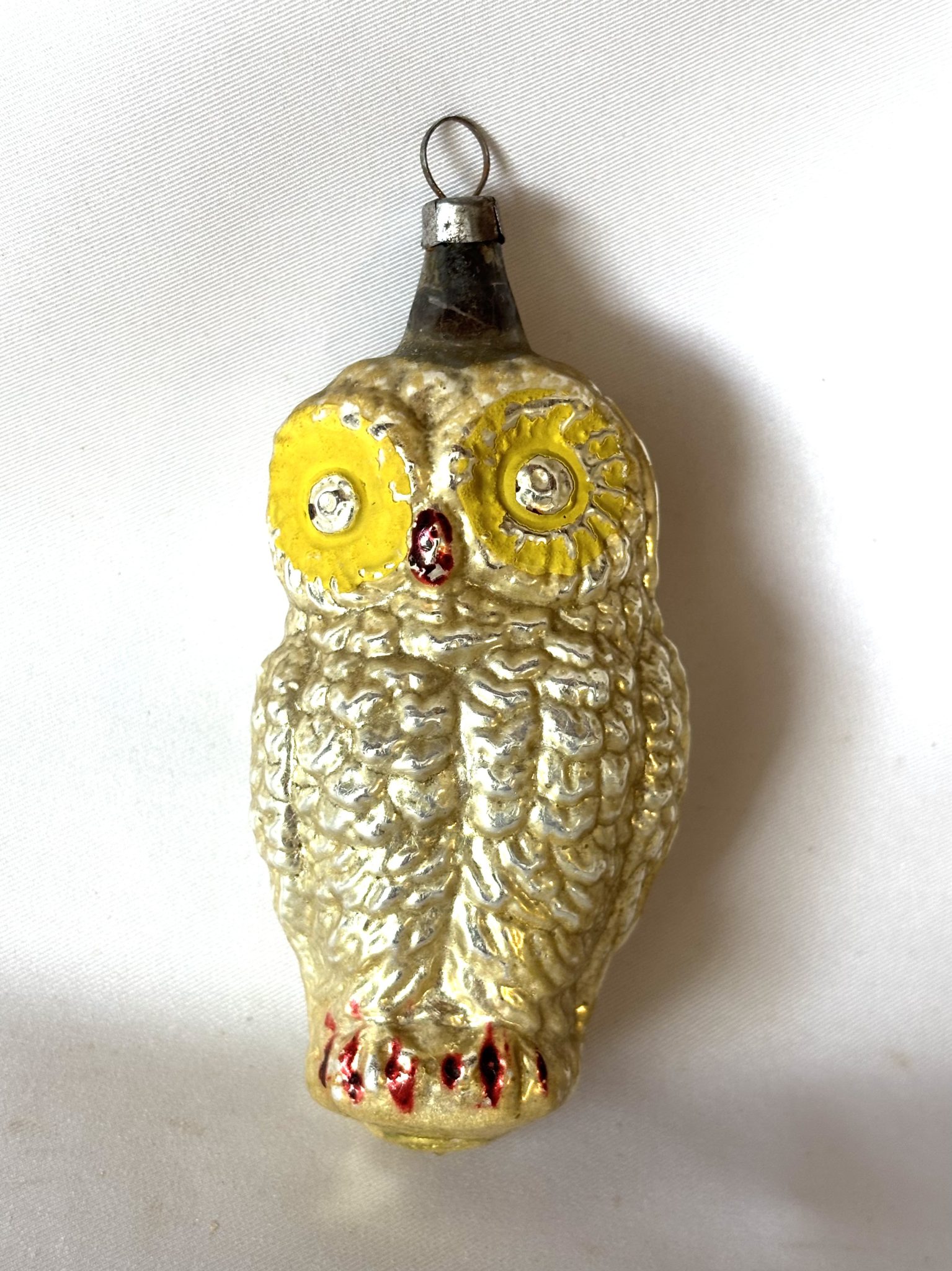 1920s Glass Owl Bumpy Christmas Ornament Yellow Eyes, Antique German Figural Ornament