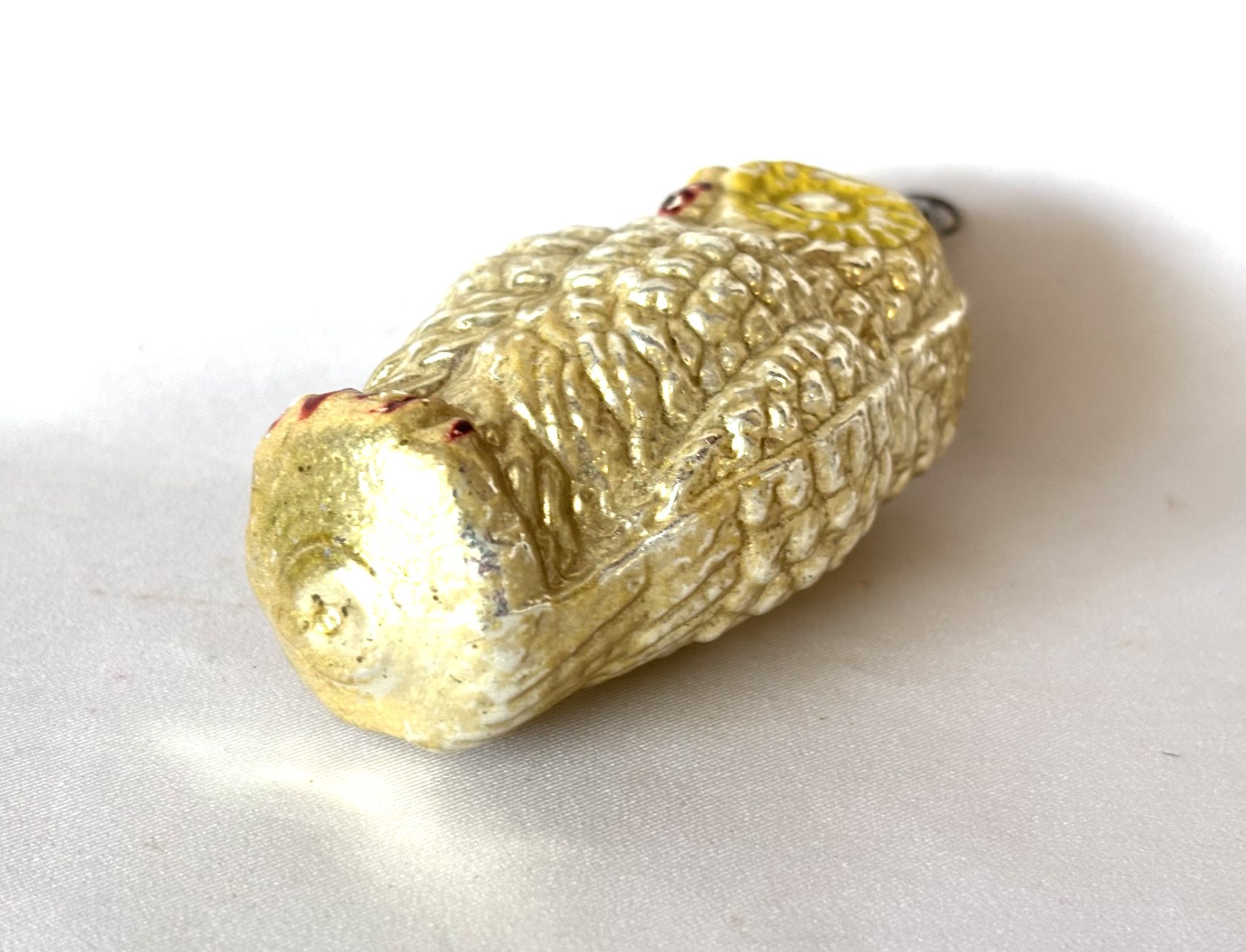 1920s Glass Owl Bumpy Christmas Ornament Yellow Eyes, Antique German Figural Ornament - Image 5
