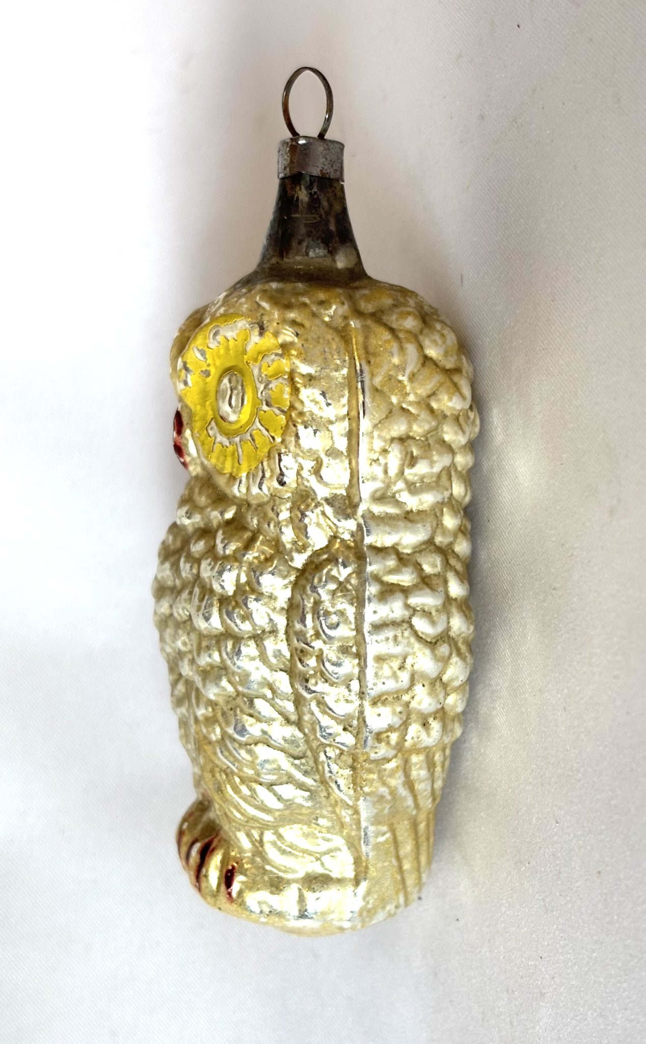 1920s Glass Owl Bumpy Christmas Ornament Yellow Eyes, Antique German Figural Ornament - Image 4