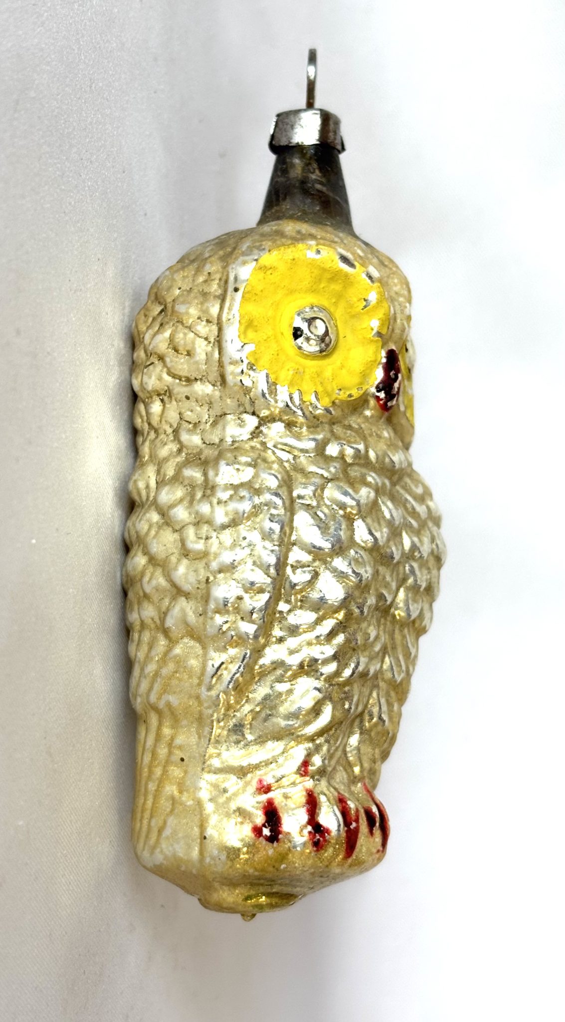 1920s Glass Owl Bumpy Christmas Ornament Yellow Eyes, Antique German Figural Ornament - Image 2